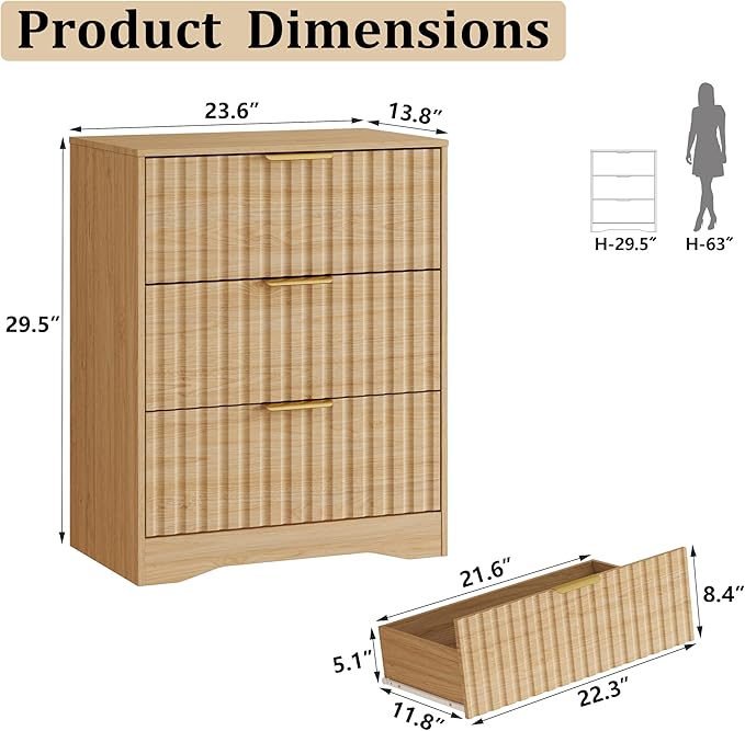 8 Drawer Dresser and Nightstand Sets for Bedroom, Modern Fluted 3 Pcs Bedroom Dresser Furniture Sets, Wood Chest of Drawers and Nightstand Set of 2 with Metal Handles, Natural Oak