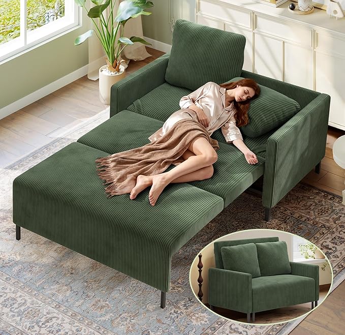 47.2" Convertible Sofa Bed Couch, Comfy Corduroy Couch Bed, All in 1 Loveseat Sleeper Sofa, Love Seat Sleeper Bed with 2 Pillows, Modern Couches for Living Room/Apartment/Home/Office, Green