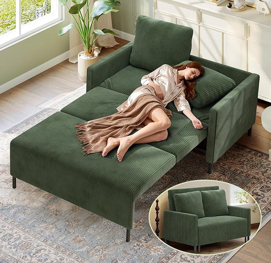 47.2" Convertible Sofa Bed Couch, Comfy Corduroy Couch Bed, All in 1 Loveseat Sleeper Sofa, Love Seat Sleeper Bed with 2 Pillows, Modern Couches for Living Room/Apartment/Home/Office, Green