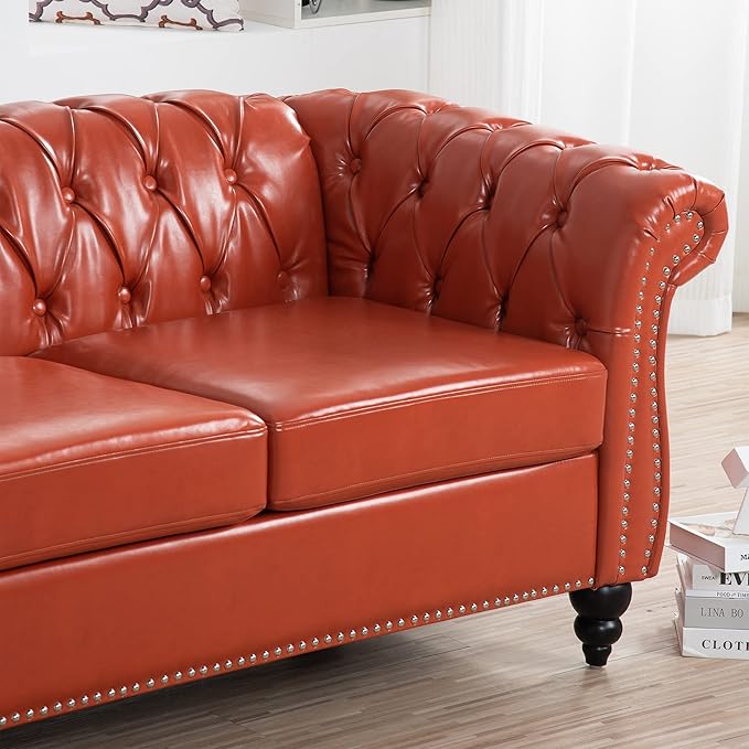 ERYE 84.5-Inch Classic 3 Seat Chesterfield Sofa Couches for Living Room Bedroom, 3 Seaters Button Tufted Faux Leather Upholstered Chesterfield Sofa Couch,Wood Legs | Button Tufted, Easy to Assemble, Nailhead, Removable Cushion
