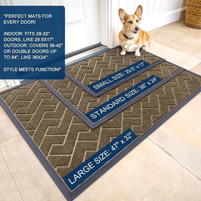 OLANLY Front Door Mat Indoor Outdoor Entrance, Waterproof All-Season, All-Weather Doormat, Sturdy Natural Rubber, Low Profile, Easy Clean Patio Porch Entryway Mat, Herringbone Brick (Brown, 47x32) - Image 2
