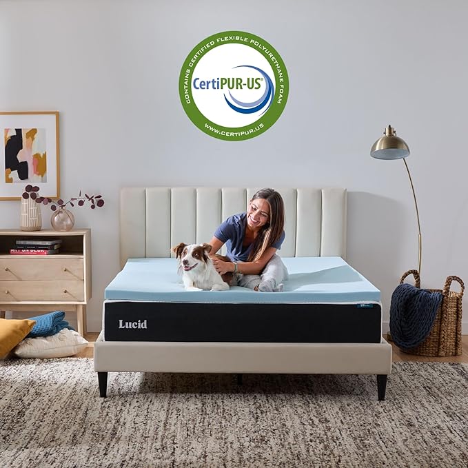 Lucid 2 Inch Memory Foam Mattress Topper, Twin XL Size – Cooling Gel Bed Topper – Pressure-Relieving Plush Feel – Ventilated Breathable Design – CertiPur Certified - Dorm Essentials