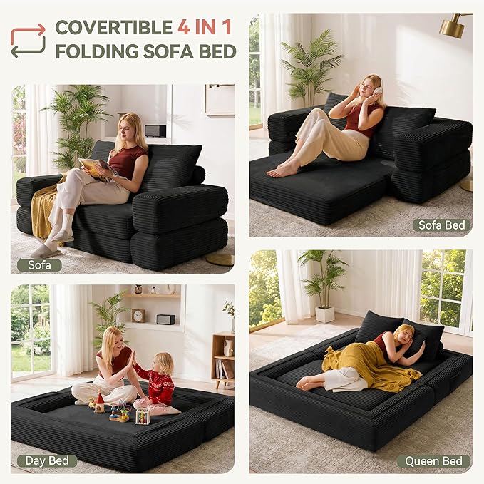 4-in-1 Convertible Folding Sofa Bed, 76 Inch Queen Size Foldable Sleeper Sofa Bed, Wide Corduroy Upholstery, Boneless Mattress Couch with Armrests & Neck Pillow for Living/Bedroom - Black