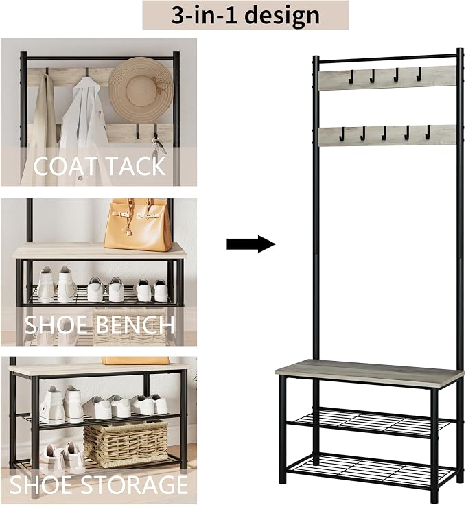 Hall Tree with Bench and Shoe Storage, 3-in-1 Coat Rack, Freestanding Wooden Coat Rack with Shoe Bench with Metal Frame, 3-Tier Storage Shelf and 9 Removable Hooks, Greige - Image 3