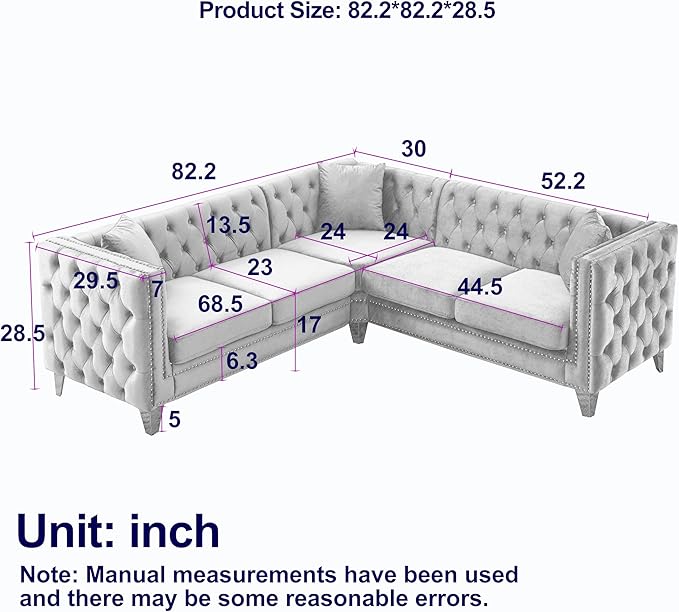 KEIKI 82.2" Tufted Velvet Corner Sofa, 5 Seat Couch, L-Shaped Sectional Couch for Living Room, Buttons Tufted Square Arm Couch for Home Apartment, Black