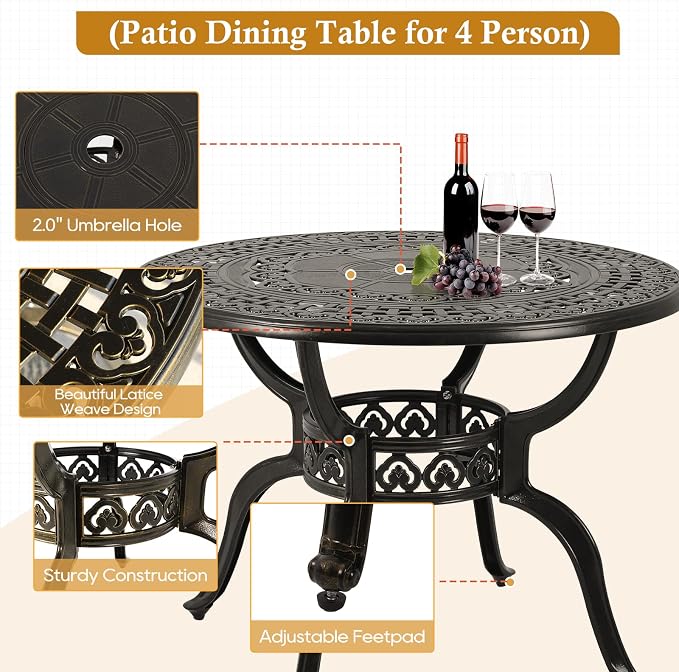 Cast Aluminum Outdoor Patio Dining Set, All Weather Outdoor Furniture Dining Set for Patio, Balcony, Lawn, Garden, Backyard (1 Round Table+4 Red Swivel Dining Chairs) - Image 3