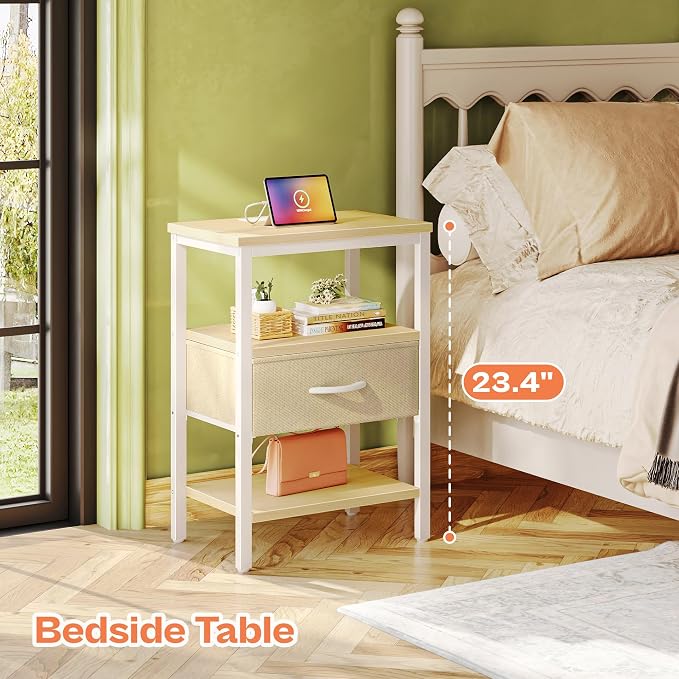 SUPERJARE Nightstand with Charging Station, Bed Side Table with Adjustable Fabric Drawer, Night Stand for Bedroom, 3-Tier Storage End Table, for Living Room, White Maple - Image 3