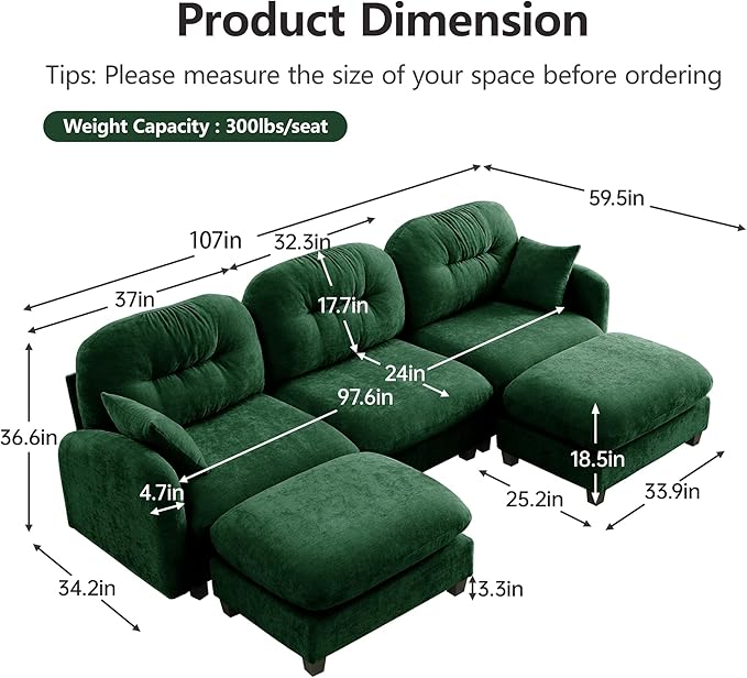 KEIKI 107" U-Shaped Oversized Chenille Modular Sectional Sofa with 2 Ottoman, High-Density Foam Cushions, Tufted Pleated Cushion Backrest, Modern 3-Seater Couch with 2 Pillow, for Living Room, Green
