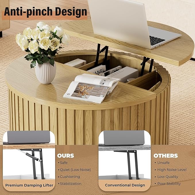 Fluted Lift Top Coffee Table with Storage, 31.5'' Farmhouse Round Coffee Tables for Living Room, Modern Wood Center Tables with Hidden Compartment for Home, Office (Wood Color)