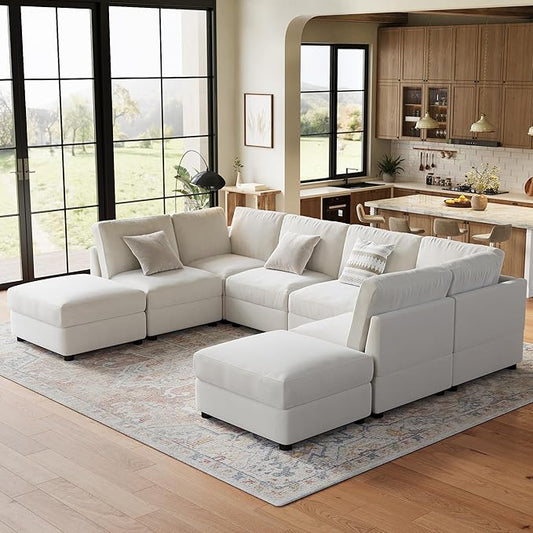 IDEALHOUSE 138" Modular Sectional Sofa, 8 Seater Sectional Couch, U-Shape Modern Sofa with Ottoman, Deep Seat, Oversized Convertible Modular Couch for Living Room Apartment Office, Chenille, Beige