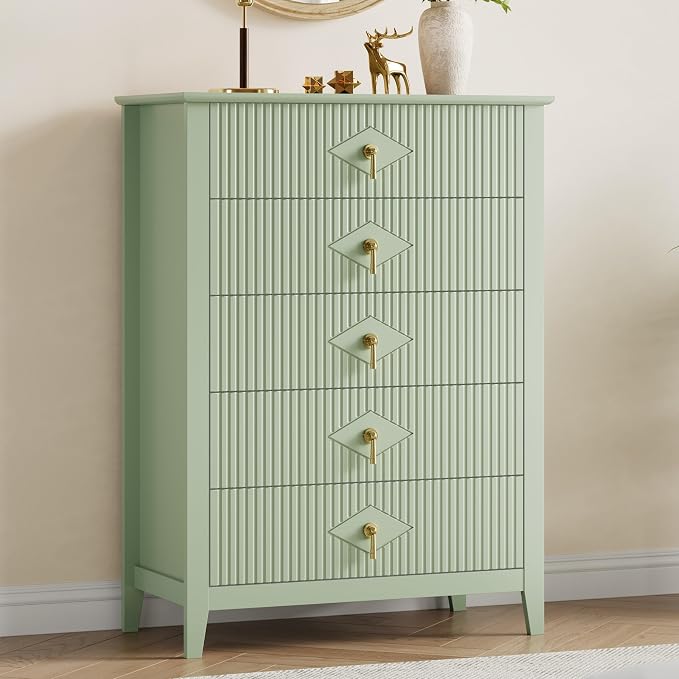 GarveeHome Fluted Dresser for Bedroom, 42.9" Tall 5-Drawer Wood Dresser, Modern Chest of Drawers, Storage Organizer Cabinet for Living Room, Hallway, Entryway, Green by GarveeHome