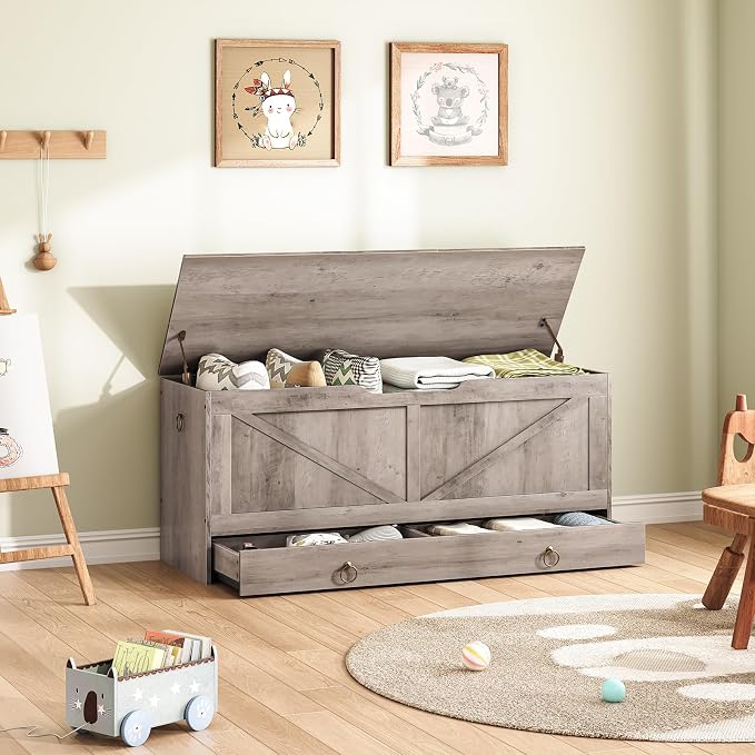 HOOBRO Storage Chest, 43.3" Toy Chest with Drawer, Wooden Storage Bench, Sturdy Entryway Bench Supports 220 lb, Shoe Bench, Safety Hinge, U-Shaped Opening, Easy Assembly, Greige BG711CW01G1 - Image 2