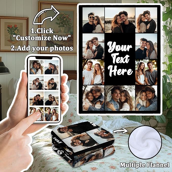 Custom Blanket with Picture Text, Personalized Mother's Day Blanket with Photos, Customized Photo Mom Blankets, Personalized Mother's Day Birthday Gifts for Mom Wife Grandma