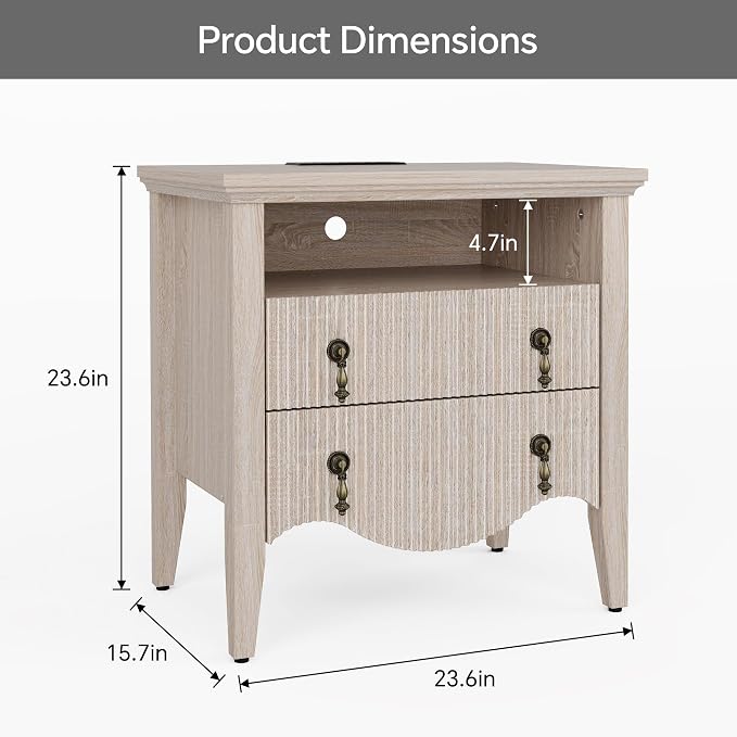 FUSUNBAO Nightstand with Charging Station, Vintage Bedside Table with 2 Fluted Drawers and Open Shelf, Rustic End Table with Power Outlet and USB Ports for Bedroom, White Oak - Image 2