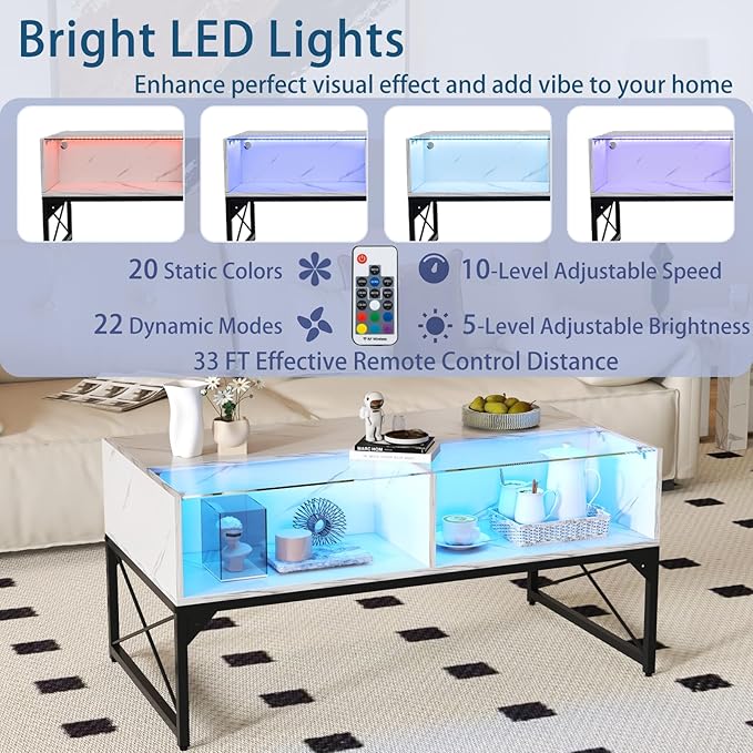 Tangkula LED Coffee Table, High Glossy Center Table with 4 Storage Cubes, Faux Marble & Tempered Glass Top, Adjustable Light Colors, Remote Control, Modern Cocktail Table for Living Room (White)