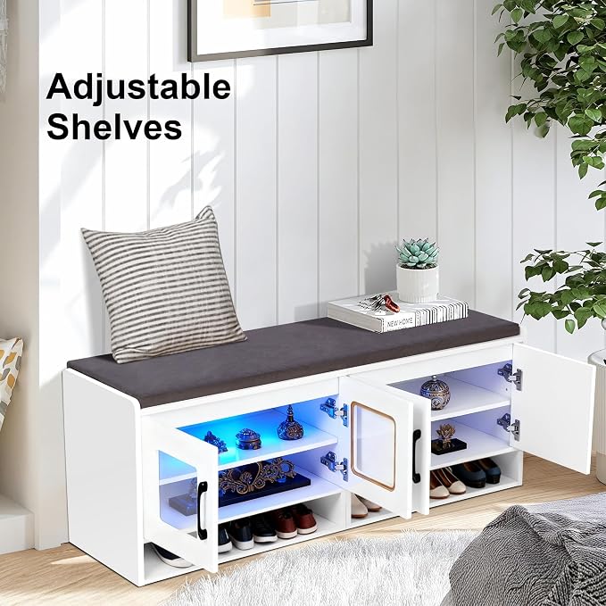 Shoe Bench with Thickened Cushion,Entrance Bench with Glass Door and Ambient Light,Three-Layer Shoe Rack,Color Changing Light Strip, Two Large Storage Spaces,Living Room,Bedroom,White - Image 4