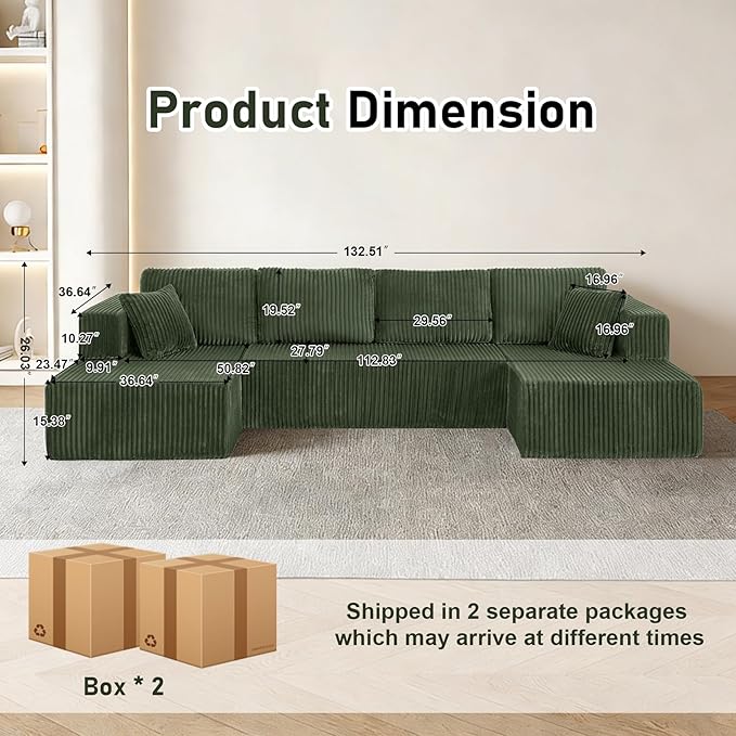 132.48" U-Shaped Sectional Couch, 4-Seat Frameless Modular Sofa with Oversized Chaise, Big Comfy Cloud Couch Set in Soft Corduroy, No-Assembly Boneless Sofas for Living Room, Compressed, Green
