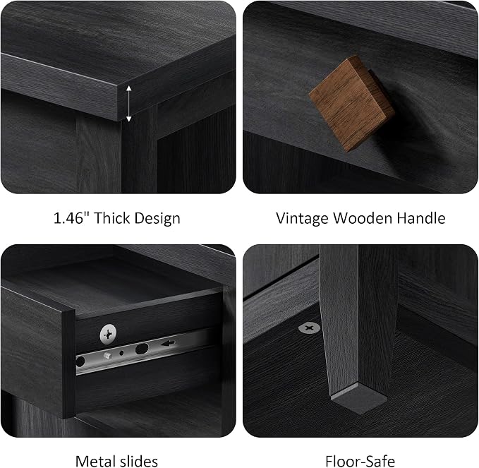 Nightstand with Charging Station and Drawers for Small Space,Wood Nightstand with Storage Cabinet & Drawer & Shelf,Modern and Farmhouse Night Stand for Bedroom,Black - Image 6
