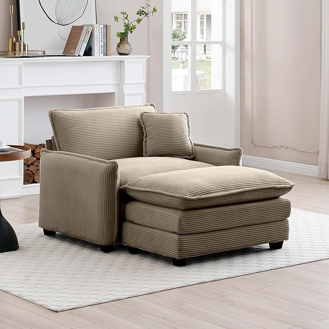 KEIKI 46" Oversized Corduroy Modular Sectional Single Sofa with 1 Ottoman, High-Density Foam Cushions, Removable Armrest, Upholstered 1-Seater Lounge Accent Chair with 1 Pillow, for Living Room, Tan