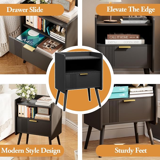 Aenuert Night Stand Modern End Table with Storage Drawer and Open Shelf, Small Bedside Stand, Wooden Sofa Side Table for Bedroom,Study Room and Small Spaces (Black) - Image 7