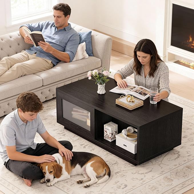 HSH Black Coffee Table, Modern Low Coffee Table for Living Room, Rectangle Coffee Tables with Sliding Door, Large Wood Center Tables with Storage Open Shelf, 47 Inch