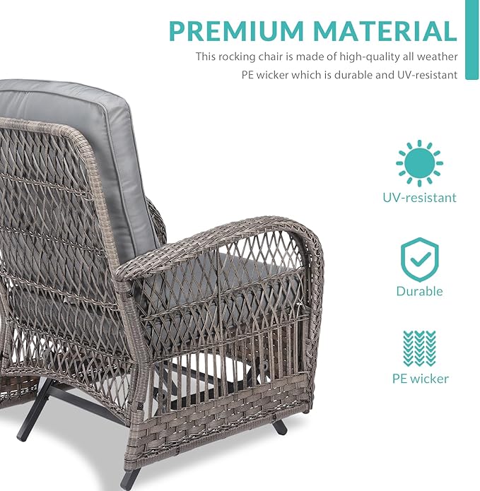 MEETWARM 5 Pieces Outdoor Wicker Patio Conversation Sets with Glider Loveseat, 2 Chairs with 2 Glass-Top Coffee Table Wicker Rocking Glider Set, Wicker Conversation Set w/Thickened Cushions, Gray