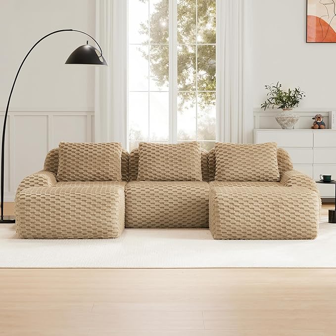 114" U-Shaped Compressed Sectional Cloud Sofa, Flannel Upholstered Modular Deep Seat Sofa with 5 Pieces, Symmetrical Boneless Foam Modular Cloud Couches for Living Room