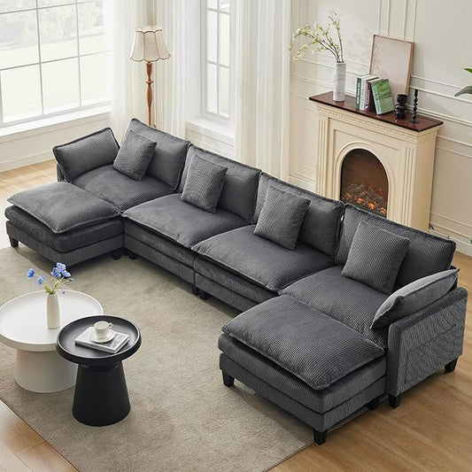 GarveeHome 147" U Modular Sectional Sofa, Corduroy Cloud Couch with Movable Ottoman & Throw Pillows, Modern L/U-Shaped Sofa, Comfy Deep Seat Couch for Living Rooms, Offices, Bedroom and Apartment