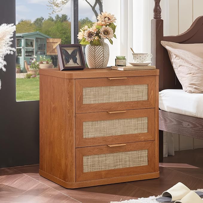 LEYAOYAO Rattan Night Stand with Charger Station, 23" Large 3 Drawer Boho Nightstand, Tea Brown Bedside Table Storage Cabinet, Bed Side End Tables for Bedroom, Living Room, Hallway - Image 3