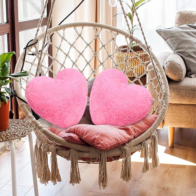 Marsui 2 Pcs Heart Throw Pillows, Soft Fluffy Faux Fur Decorative Hearts Shaped Pillows for Living Room Sofa Bed, Cute Heart Themed Gift for Women(Bright Pink,11.81 x 11.02 Inch)