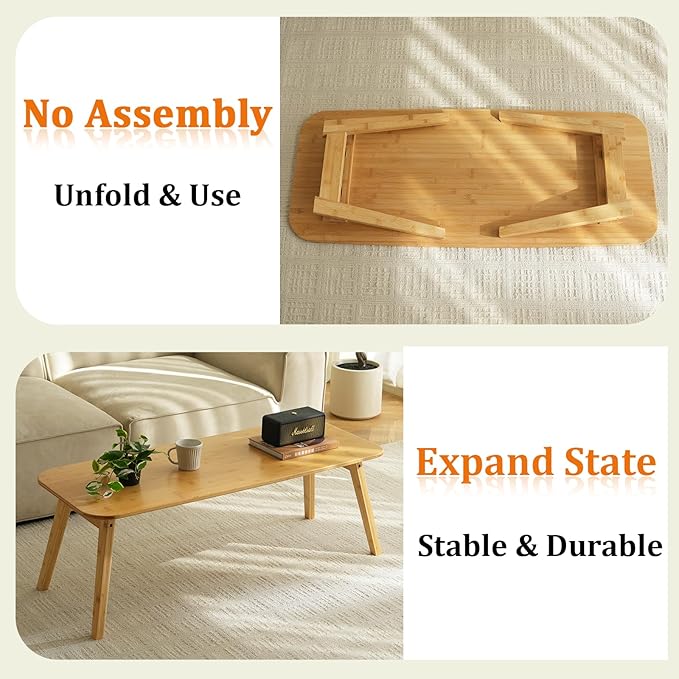 Coffee Table Foldable Mid Century Desk TV Stand with Open Storage Shelf Center Table for Living Room Furniture RV No Assembly (Natural-120cm)