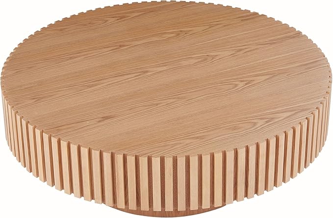 35.43" Circle Coffee Table for Living Room, Modern Round Center Tea Tables Drum Accent Couch End Table for Apartment Office,Minimalist Design with Fluted Side, (ø35.43" x 13.77"H, Oak)