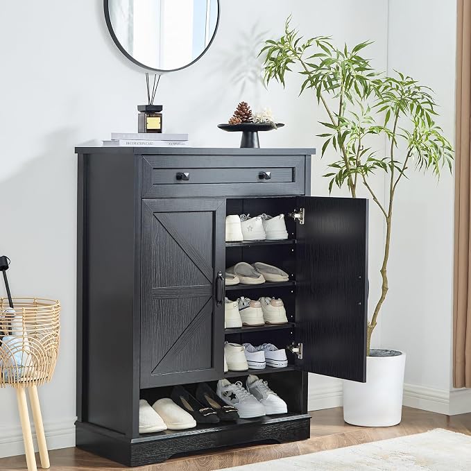 SOOWERY Shoe Cabinet with Drawer, Farmhouse Shoe Storage Cabinet with Doors, 5 Tiers Narrow Shoe Organizer for Entryway, Foyer, Hallway, Black - Image 3