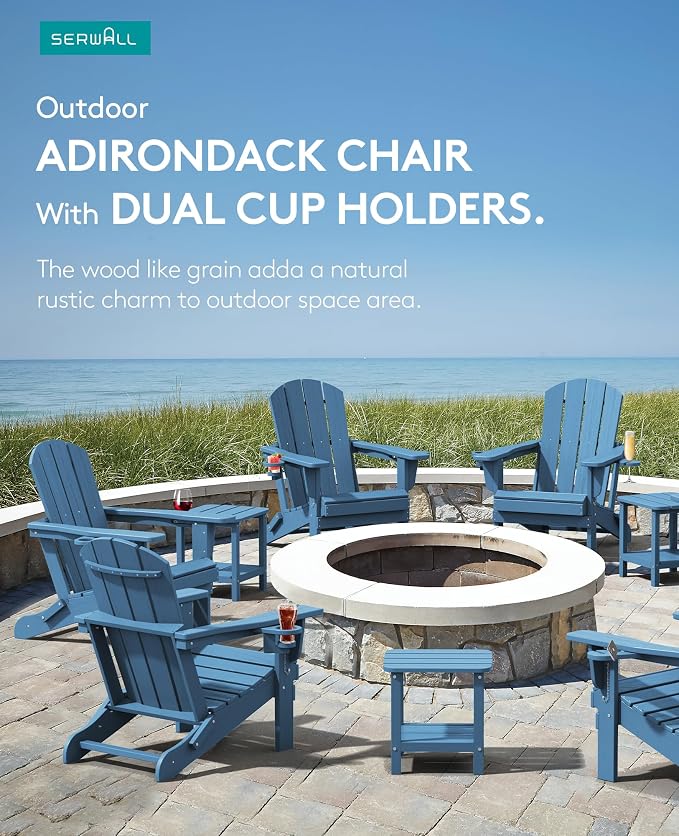 SERWALL Folding Adirondack Chair, HDPE Adirondack Chairs, Plastic Outdoor Chairs- Looks Exactly Like Real Wood- Navy - Image 6
