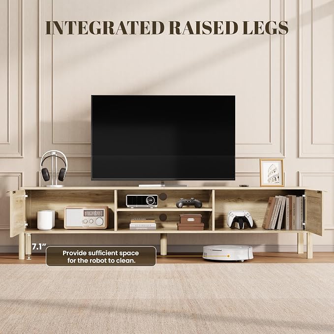 IKALIFE Rattan TV Stand for Living Room - Fits up to 65 Inch TVs, Rattan Media Console Table with Adjustable Shelves & 2 Storage Cabinets, Mid-Century Modern Entertainment Center, Oak 58" - Image 4