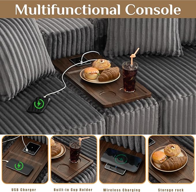 Oversized Cloud Modular Sectional Sofa Boneless Couch with Movable Ottomans,Free Combination Memory Foam Floor Couch with Charging Port & Cup Holders for Living Room | Coffee Table Board, Wireless Charge, No Assembly