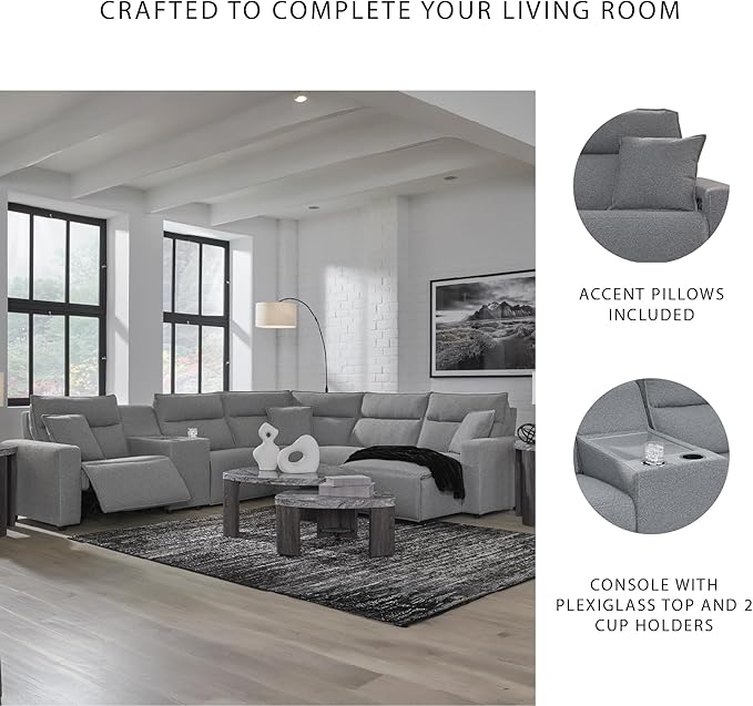 Signature Design by Ashley Modern ModMax II Stain Resistant L-Shape Right-Arm Facing 6-Piece Power Reclining Sectional with Adjustable Headrest and USB Charging Ports, Gray
