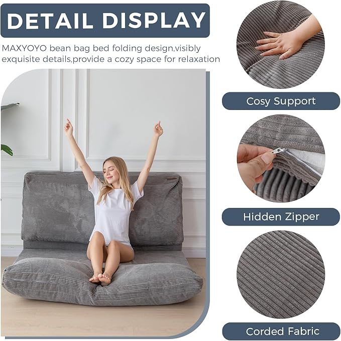 MAXYOYO Folding Sofa Bed, Extra Thick and Long Floor Sofa Convertible Sleeper Chair with Washable Cover, Floor Couch Lounge Bean Bag Bed for Living Room, Grey, 30x95 Inch