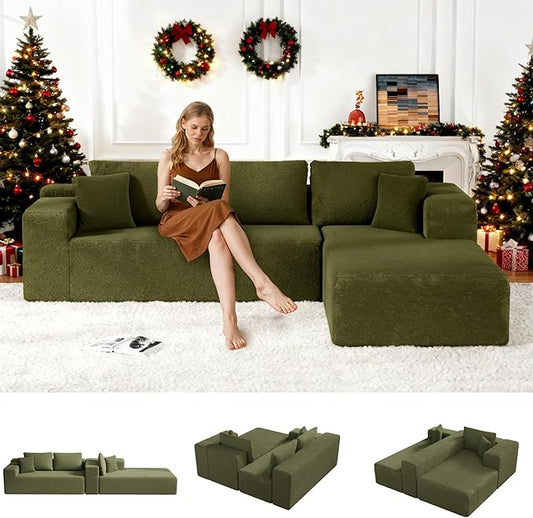 Cloud Sectional Couch, 105" Modular Sectional Sofa with Left Chaise Lounge, Modern Modular L-Shape Sofa with Pillows & Deep Seat, Wool Fabric Boneless Couches for Living Room Bedroom, Green