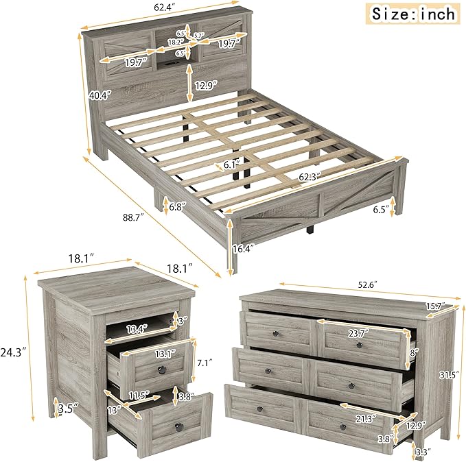 3-Pieces Bedroom Sets, Queen Size Farmhouse Platform Bed with Cabinet and Nightstand, Wood Bedroom Furniture Set with Storage Headboard, No Box Spring Needed (Antique Gray/78)