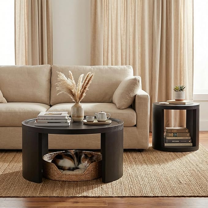 Round Nesting Coffee Table Set of 2, Black Coffee Table, 31.5" Large & 18" Small Low Tables with Wood Top, Center Table for Living Room, Bedroom, Minimalist Center Table Set