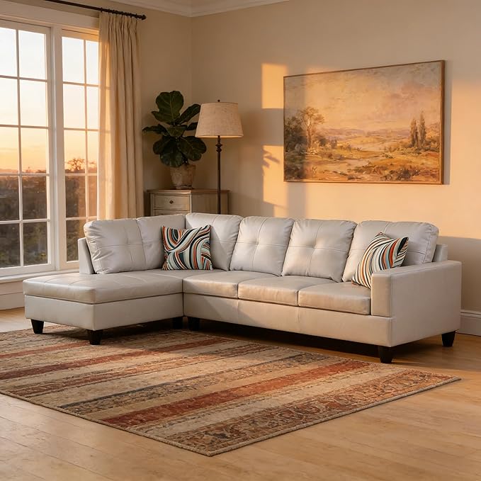 103.5 Inch Modern L-Shaped Couch, PU Leather Sectional Sofa with Chaise Lounge, 4-Seater Couch with Accent Pillows for Living Room, Apartment, Silver Grey
