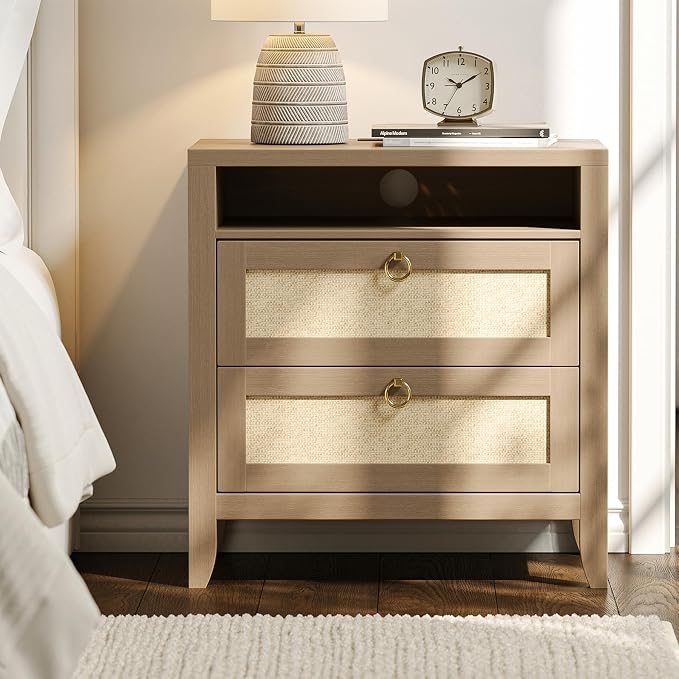 Dowinx 23.6" Night Stand with Charging Station, 2 Drawers and Storage Shelf, Rattan Nightstands Boho, for Bedroom Small Space Corner, Oak by Dowinx