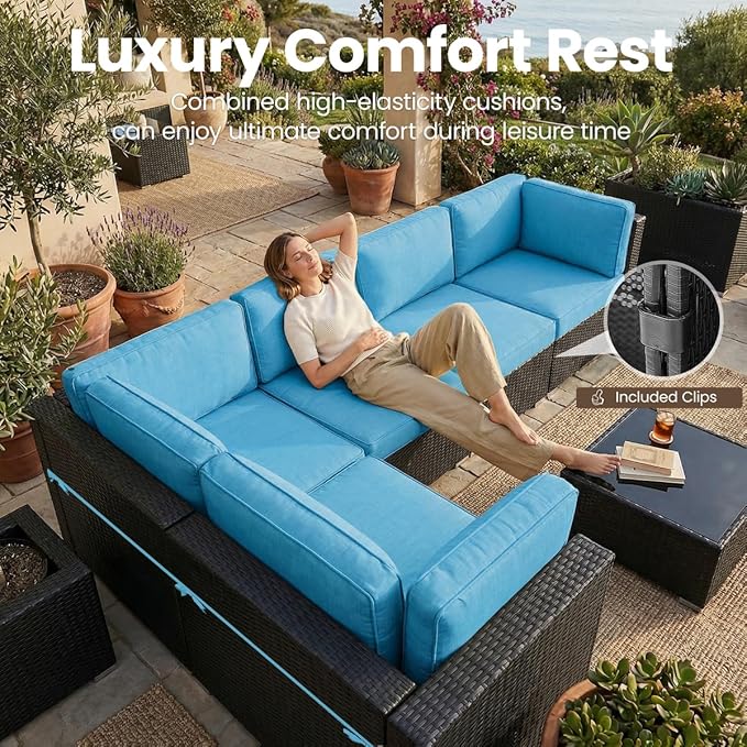 10 Pieces Patio Furniture Set with 44" Propane Gas Fire Pit Table, Outdoor Sectional Wicker Conversation Sofa Sets with Coffee Table