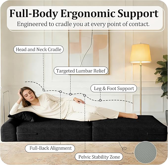 31.5'' Convertible Compressed Corduroy Folding Cloud Sofa Bed Set of 2, 2 Pieces Modern Boneless Pull Out Sleeper Sofa Couch, 3 in 1 Portable Lazy Floor Lounge Chair Set, No Assembly Needed, Black