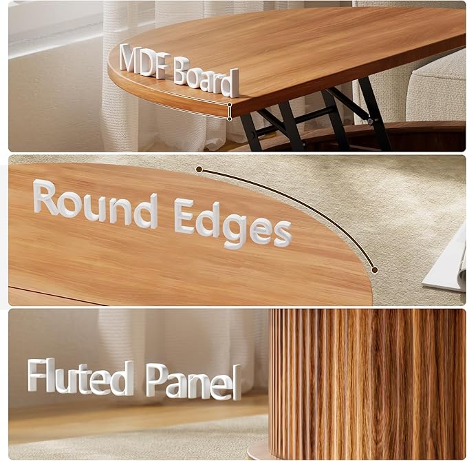 Round Lift Top Coffee Table, 31.5" Fluted Wood Accent Coffee Table with 180° Curved Sliding Door, Hidden Storage, Mid Century Modern Center Table for Living Room Office Small Spaces, Walnut
