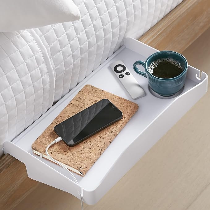 Modern Innovations Bedside Shelf for Bed, College Dorm Room, Bunk Bed Shelf/Caddy for Top Bunk, Clip On Nightstand Tray with Cord and Cup Holder for Table Storage (White) by ModernInnovations