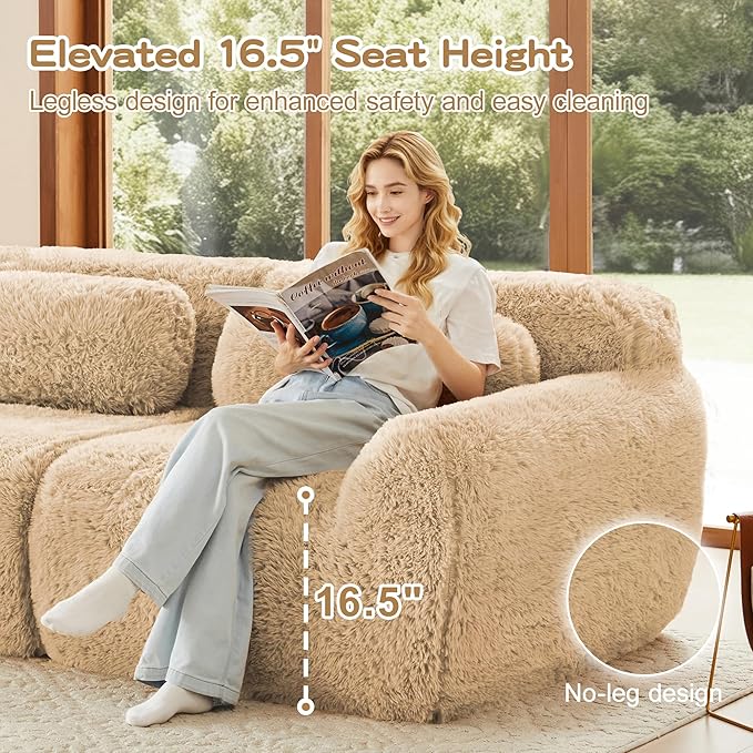 80.4-Inch Boneless Love Seat Couches in a Box, Modern 2 Seat Floor Modular Foam Cloud Sofa Faux Fur Loveseat Couch W/Angle Armrests for Home Apartments Bedroom