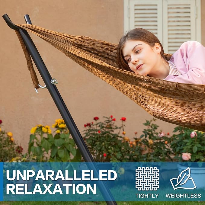 PNAEUT Double Hammocks with Stand for Outside, Portable Space Saving Heavy-Duty Steel Stand for Indoor Outdoor Patio (Mayan Desert) - Image 3