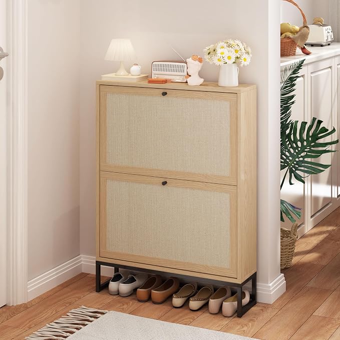 AVZEAR Narrow Shoe Storage Cabinet for Entryway with Natural Linen Panel, Freestanding Slim Shoe Cabinet with 2 Flip Drawers, Wood Shoe Organizer Closed Shoe Rack for Hallway, Living Room(Natural) by AVZEAR